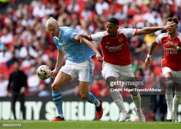 Erling Haaland of Manchester City and William Saliba of Arsenal challenge during The FA Community Shield match between Manchester City and Arsenal at...