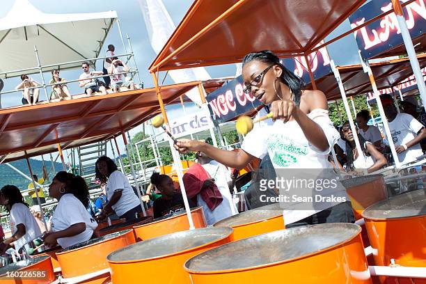 Member of Joylanders steelband practices at Panorama semi-finals at Queen's Park Savannah in Port of Spain, Trinidad and Tobago on January 27, 2013....