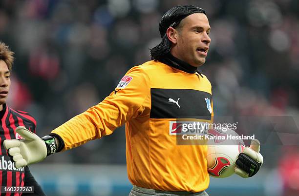 Goalkeeper Tim Wiese of Hoffenheim reacts during the Bundesliga match between Eintracht Frankfurt and 1899 Hoffenheim at Commerzbank-Arena on January...