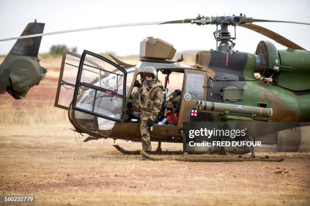 French Gazelle military helicopter, flying back from the city of Timbuktu, arrives at the French army base camp airport on January 28, 2013 in...