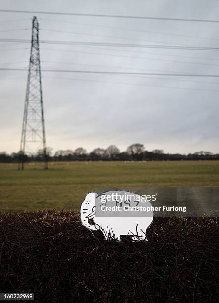 White elephant placard, placed by Joe Rukin from the Stop the HS2 Campaign, sits in a hedegrow near to the planned location of the new HS2 high speed...