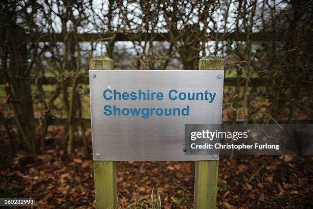 Sign outside the Cheshire County Show Ground where the proposed route of the new HS2 high speed rail link will pass through near to the village of...