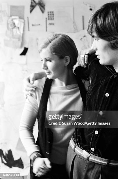 American fashion designer Betsey Johnson embraces her then-boyfriend in her studio. New York, New York, September 6, 1966.