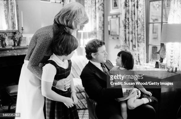 American politician US Senator Ted Kennedy visits his sister Jean Kennedy Smith and her daughters in their Upper West Side town house, New York, New...