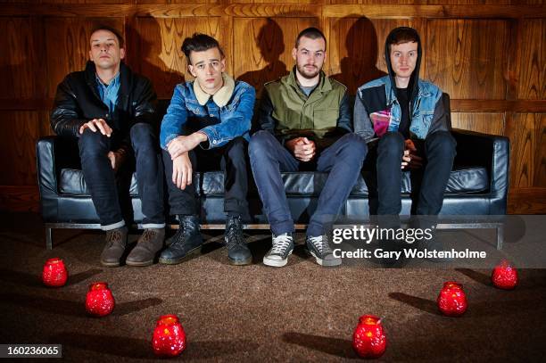 George Daniel, Matthew Healy, Ross MacDonald and Adam Hann of The 1975 pose backstage at Soyo on January 28, 2013 in Sheffield, England.
