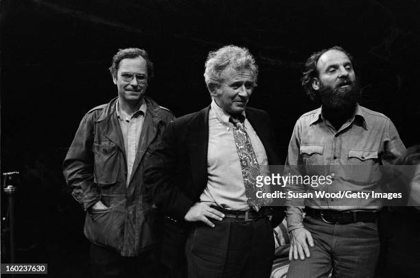From left, American actor Rip Torn, author Norman Mailer , and playwright and theatre director Jack Gelber on the set of Gelber's production of the...