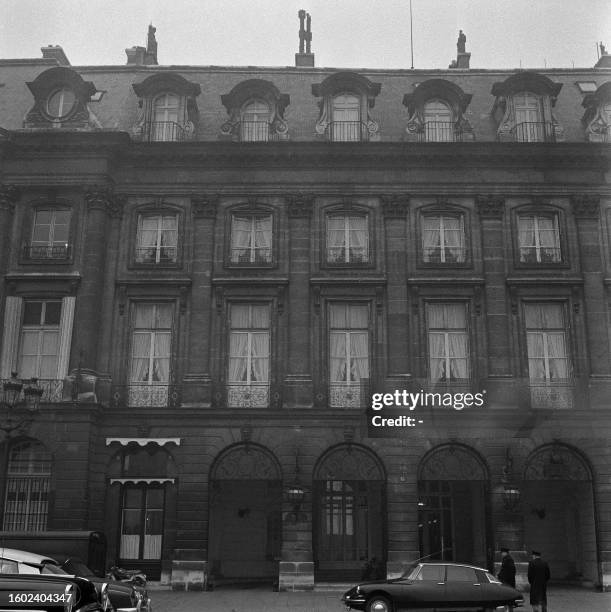 Exterior view of the Ritz Hotel in January 1961 in Paris. Founded by Swiss hotelier César Ritz, in collaboration with chef Auguste Escoffier, in...