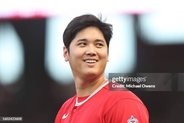 Shohei Ohtani of the Los Angeles Angels reacts as he walks back to second base during the first inning of a game against the San Francisco Giants at...