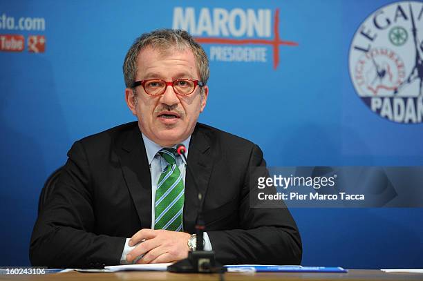 Roberto Maroni, Northern League Party Secretary, speaks at a weekly press conference on January 28, 2013 in Milan, Italy. Roberto Maroni will run for...