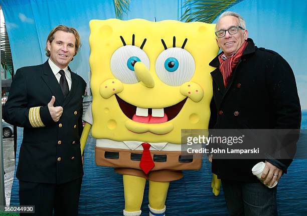 Director of Hotel Operations Klaus Lugmaier, SpongeBob SquarePants and Chef Geoffrey Zakarian attend the Norwegian Warming Station launch in Times...