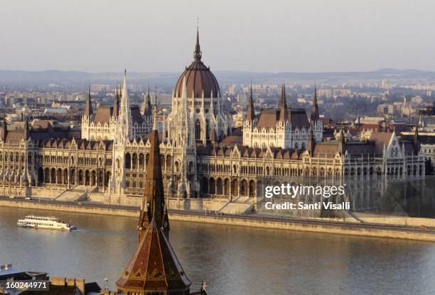 View of the parliament building in 1995 in Budapest, Hungary.