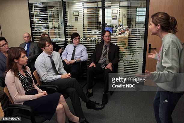 Vandalism" Episode 915 -- Pictured: Phyllis Smith as Phyllis Vance, Ellie Kemper as Erin Hannon, Creed Bratton as Creed Bratton, Jake Lacy as Pete,...