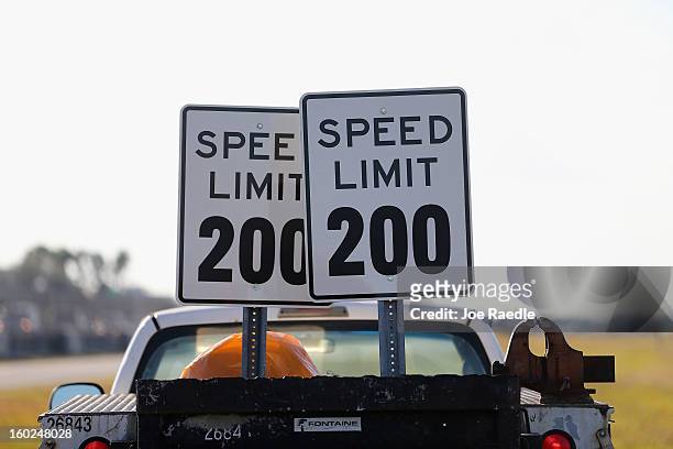 Speed Limit 200 sign is seen during the world wide unveiling of the new Lamborghini Aventador LP700-4 Roadster at the Miami International Airporton...