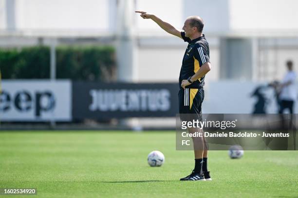 Massimiliano Allegri of Juventus during a training session at JTC on August 16, 2023 in Turin, Italy.