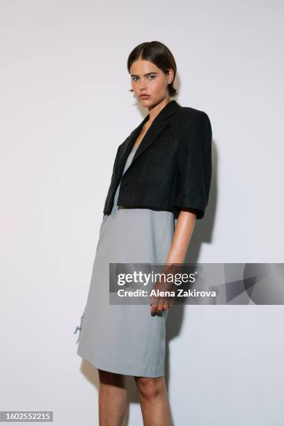 Model poses backstage at the Remain show during the Copenhagen Fashion Week Spring/Summer 2024 on August 08, 2023 in Copenhagen, Denmark.