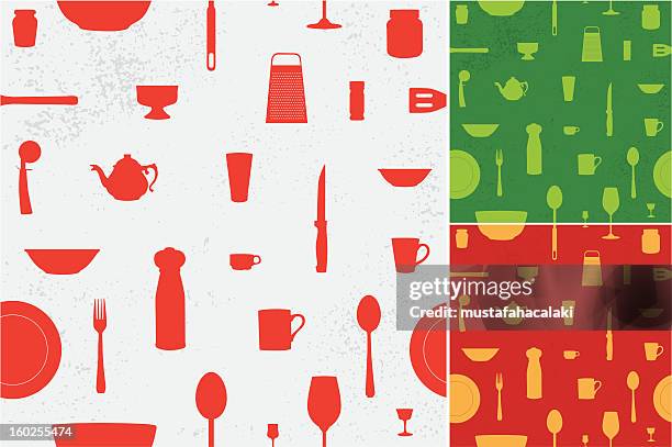 kitchen tools seamless - red kettle stock illustrations