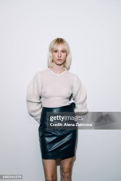 Model poses backstage at the Remain show during the Copenhagen Fashion Week Spring/Summer 2024 on August 08, 2023 in Copenhagen, Denmark.