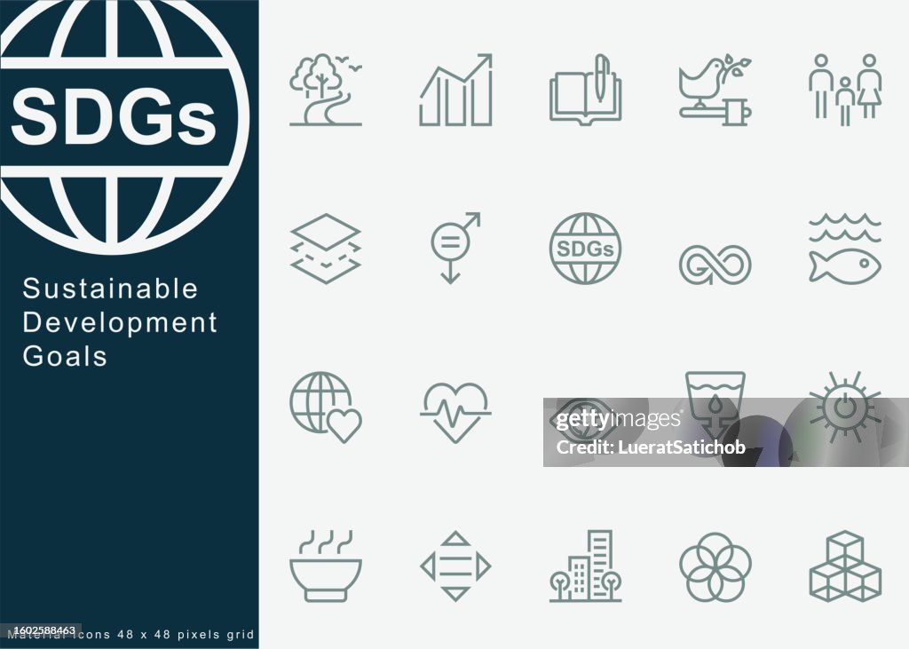 Sustainable Development Goals, SDGs, ESG, 17 goals, Developed in cooperation with UN system, The 2030 Agenda for sustainable development, Globe, Environmental technology. For Mobile and Web.Line Icons