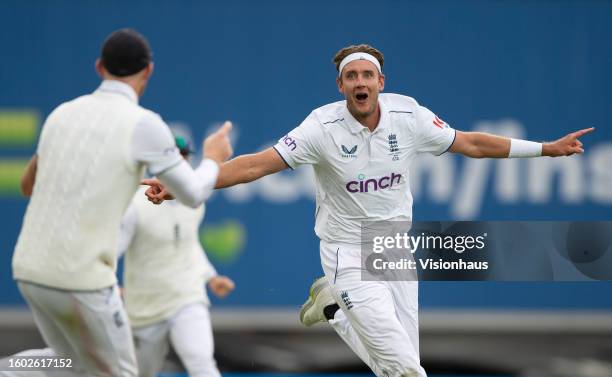 Stuart Broad of England celebrates taking the wicket of Todd Murphy of Australia during Day Five of the LV= Insurance Ashes 5th Test Match between...