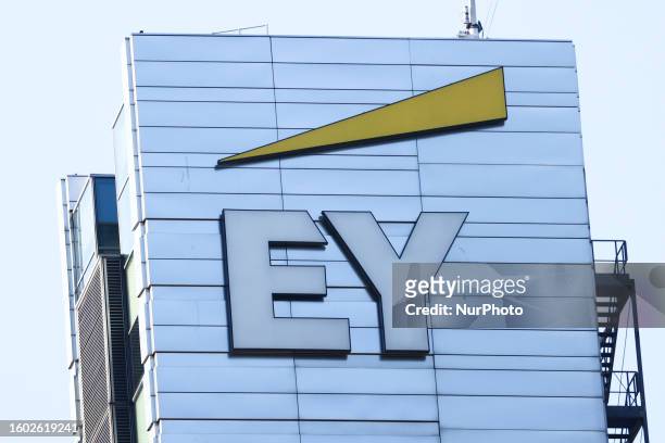 Logo is seen on the building in Warsaw, Poland on August 15, 2023.