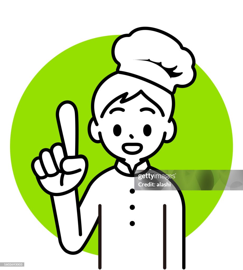 A boy wearing a chef's hat and uniform points to the top and explains, looking at the viewer, minimalist style, black and white outline