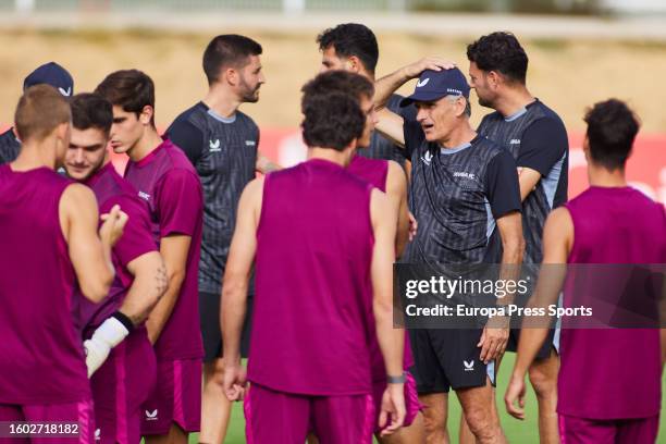 Jose Luis Mendilibar, head coach, gestures during training session of Sevilla FC at Ramon Palacios Cisneros Sport City on August 9 in Sevilla, Spain.