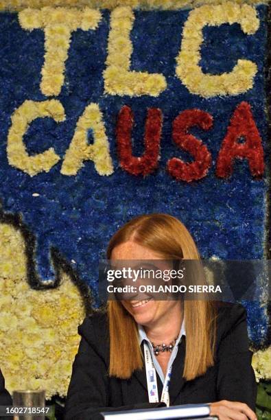 The chief negotatior of Costa Rica, Anabel Gonzalez, speaks at a press conference held in Guatemala City, 12 May 2003, during the fourth round of...