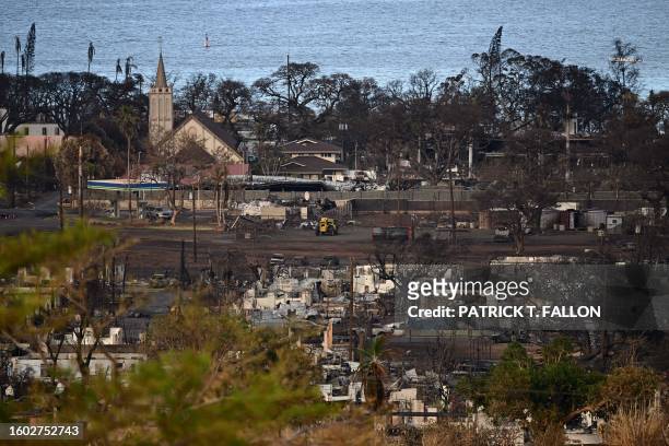 Destroyed homes and businesses are seen in the aftermath of the Maui wildfires in Lahaina, Hawaii, on August 16, 2023. The number of people known to...