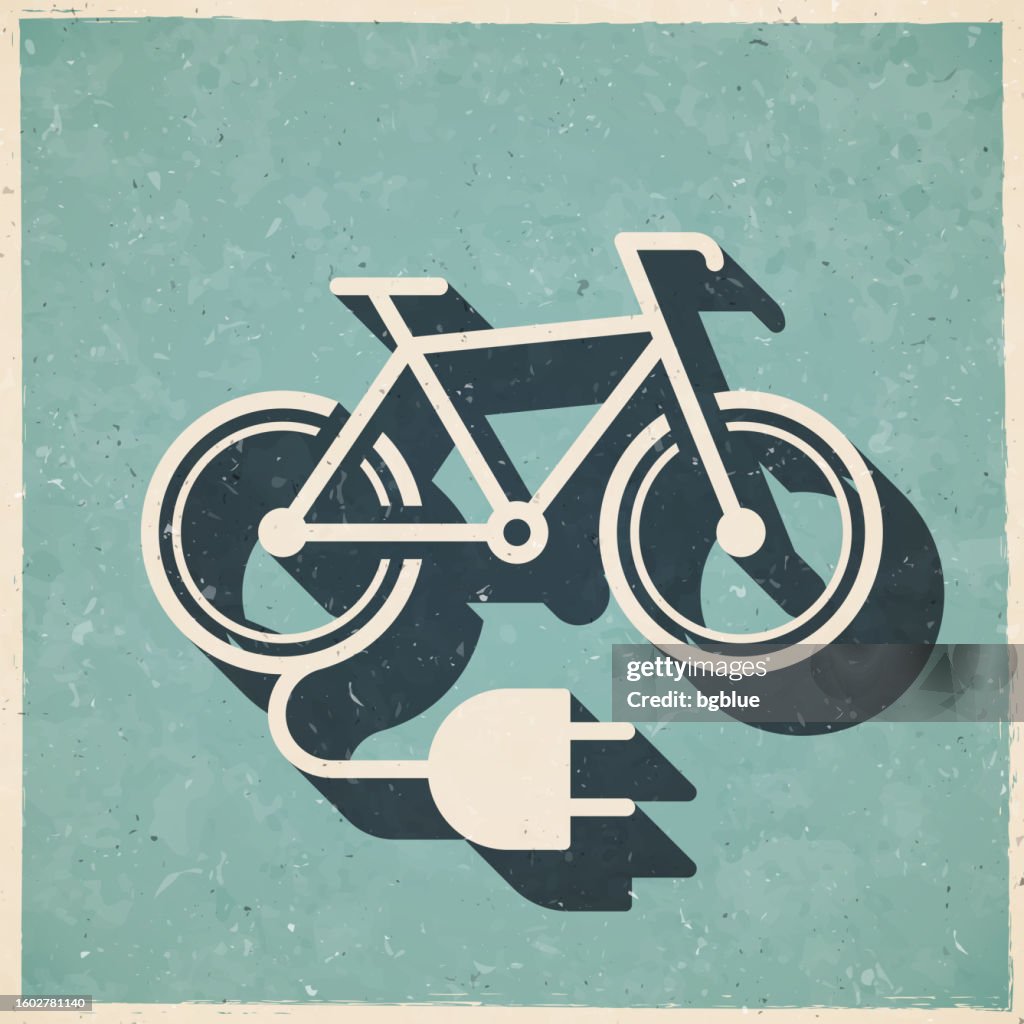 Bici elettrica con spina. Icona in stile vintage retrò - Carta vecchia testurizzata