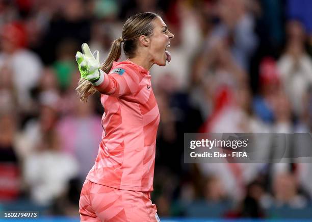 Mary Earps of England celebrates as Michelle Alozie of Nigeria misses her team's second penalty in the penalty shoot out during the FIFA Women's...