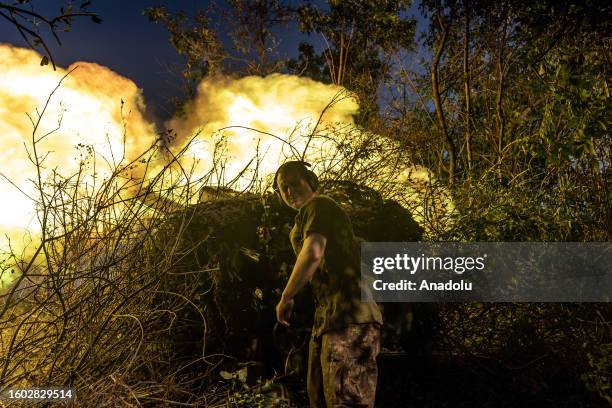 Ukrainian soldier of the Aidar battalion, fires D-30 artillery in the direction of Bakhmut frontline as Russia-Ukraine war continues in Donetsk...