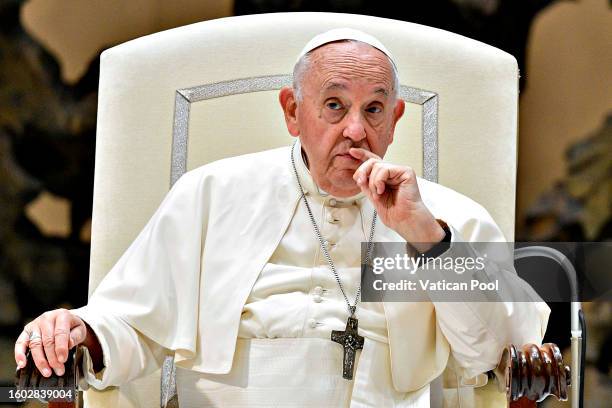 Pope Francis attends his weekly General Audience at the Paul VI Hall on August 09, 2023 in Vatican City, Vatican. Following his traditional July...