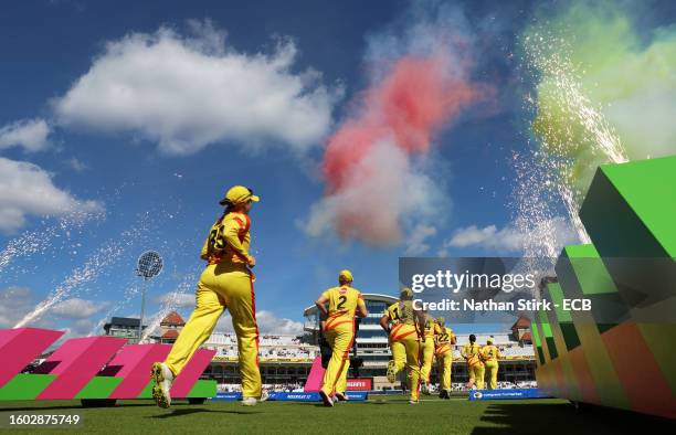 Players of Trent Rockets Women make their way out to field during The Hundred match between Trent Rockets Women and Northern Superchargers Women at...