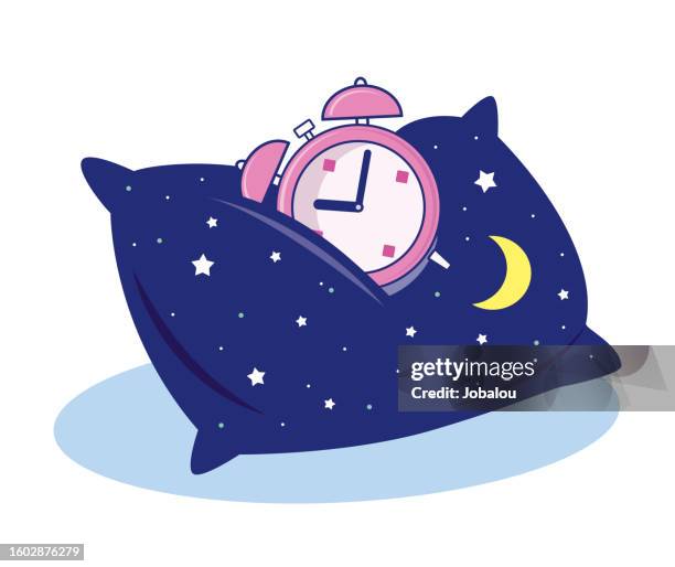 bildbanksillustrationer, clip art samt tecknat material och ikoner med pillow with with a sleeping alarm clock - väckarklocka