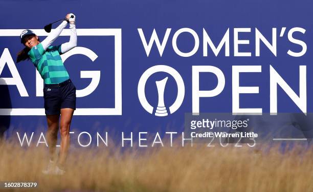 Celine Boutier of France tees off on the first hole as during the pro am ahead of the AIG Women's Open at Walton Heath Golf Club on August 09, 2023...