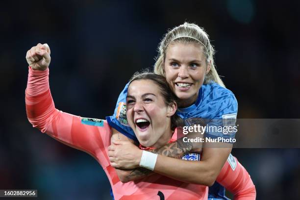 Mary Earps and Rachel Daly of England celebrates after the team's 3-1 victory and advance to the final following the FIFA Women's World Cup Australia...