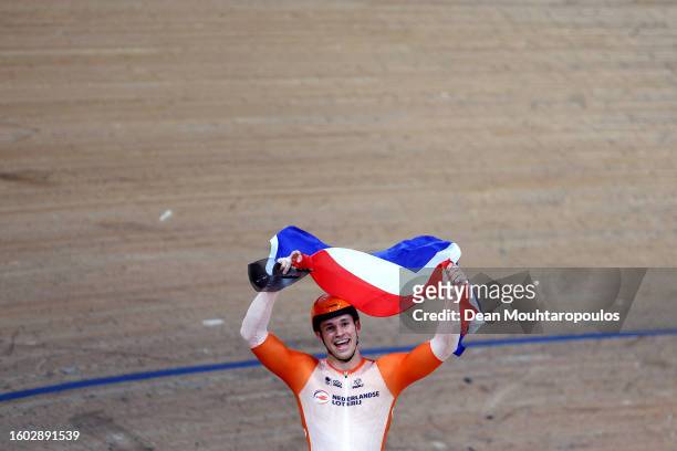 Gold medalist Harrie Lavreysen of Netherlands celebrates after winning the Men's Elite Final Sprint at the 96th UCI Glasgow 2023 Cycling World...