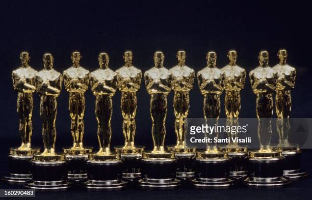 View of 11 Oscars statues lined up next to each other in 1990 in Los Angeles, California.