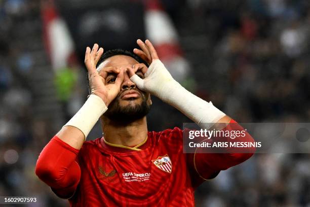 Sevilla's Moroccan forward Youssef En-Nesyri celebrates scoring his team's first goal during the 2023 UEFA Super Cup football match between...