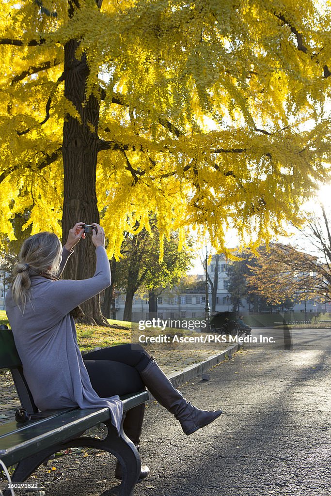 Woman takes picture in urban park, autumn