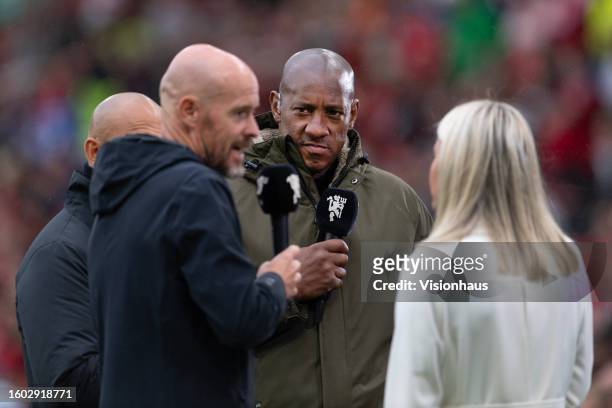 Commentator Dion Dublin before the pre-season friendly match between Manchester United and RC Lens at Old Trafford on August 5, 2023 in Manchester,...