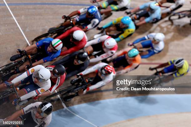 Ethan Vernon of Great Britain leads from George Jackson of New Zealand, Jules Hesters of Belgium, Elia Viviani of Italy, Dylan Bibic of Canada and...