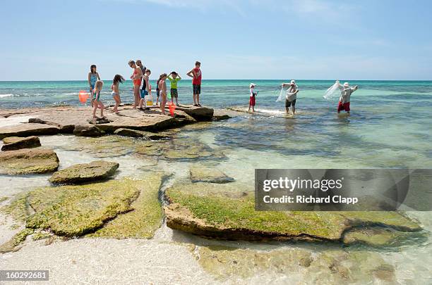 Family watches adults throw cast nets trying to catch bait fish. They are all standing on rocks at Point O'Rocks on Siesta Key. Siesta Key was the...