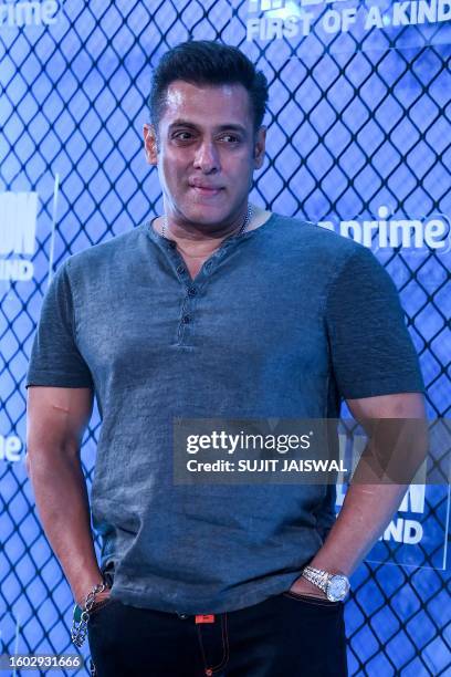 Bollywood actor Salman Khan poses upon his arrival to attend the screening of Prime Video "AP Dhillon" First of a Kind documentary series in Mumbai,...