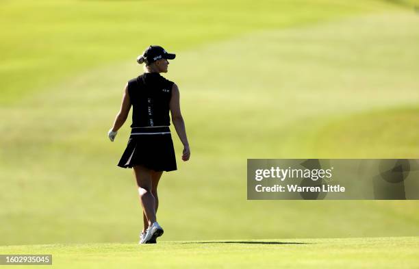 Charley Hull of England plays the pro am ahead of the AIG Women's Open at Walton Heath Golf Club on August 09, 2023 in Tadworth, England.