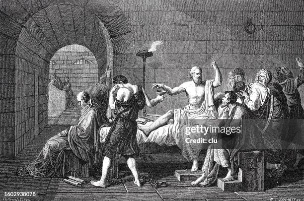 ilustraciones, imágenes clip art, dibujos animados e iconos de stock de últimos momentos de sócrates - suicidio