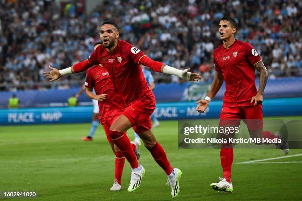 Youssef En-Nesyri of Sevilla celebrates after scoring during the UEFA Super Cup 2023 match between Manchester City FC and Sevilla FC at Georgios...