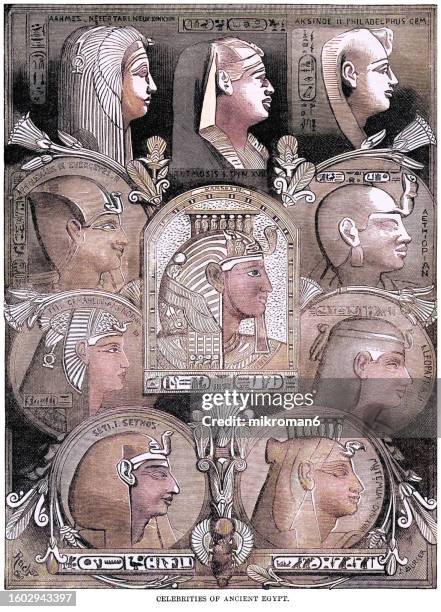 old engraved illustration of celebrities of ancient egypt - ten notable ancient egyptian rulers, including ramses iii, seti i, gemahlin amenophis iii, ptolemaeus euergetes ii, nefertari, arsinoe ii philadelphus, aethopian, cleopatra ii and mutemua xvii - african queen stock pictures, royalty-free photos & images