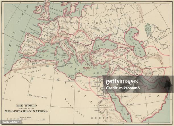 old chromolithograph map of the world as know to the mesopotamian nations - mediterranean sea map stock pictures, royalty-free photos & images
