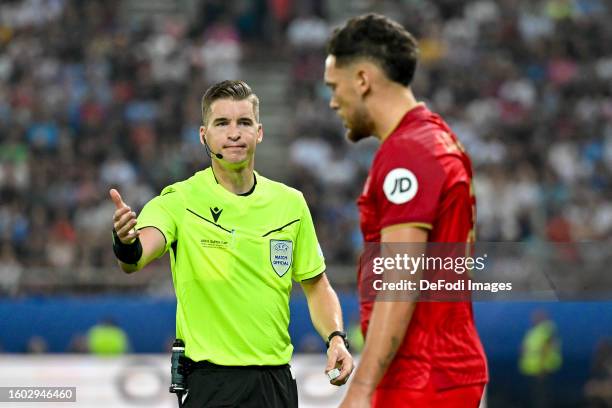 Referee Francois Letexier of France gestures during the UEFA Super Cup 2023 match between Manchester City FC and Sevilla FC at Karaiskakis Stadium on...